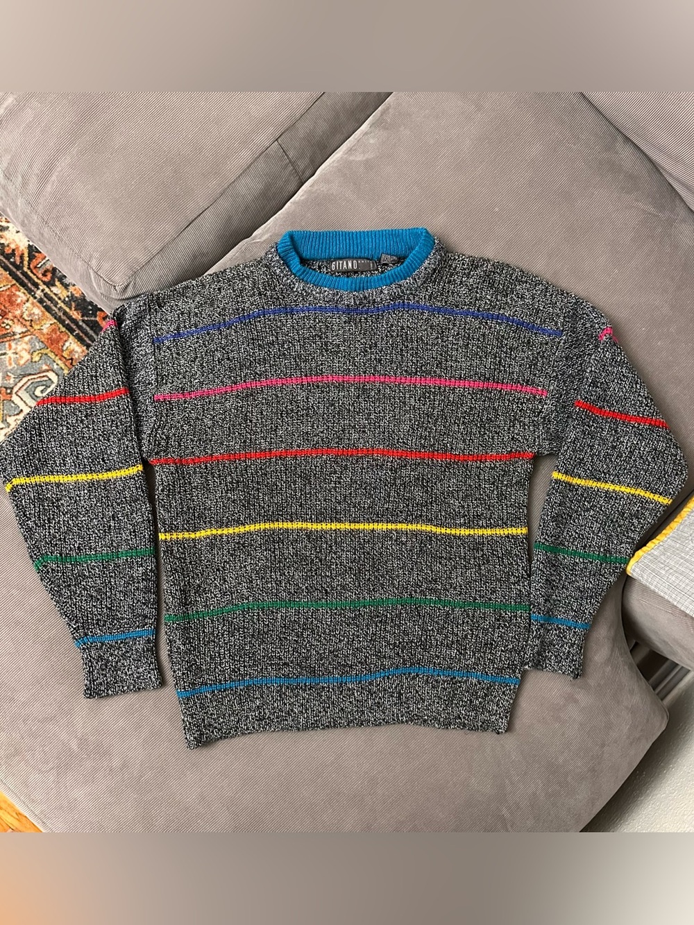 Vintage Gitano Knits 80’s Rainbow Stripes Colorful Pullover Sweater Size Large